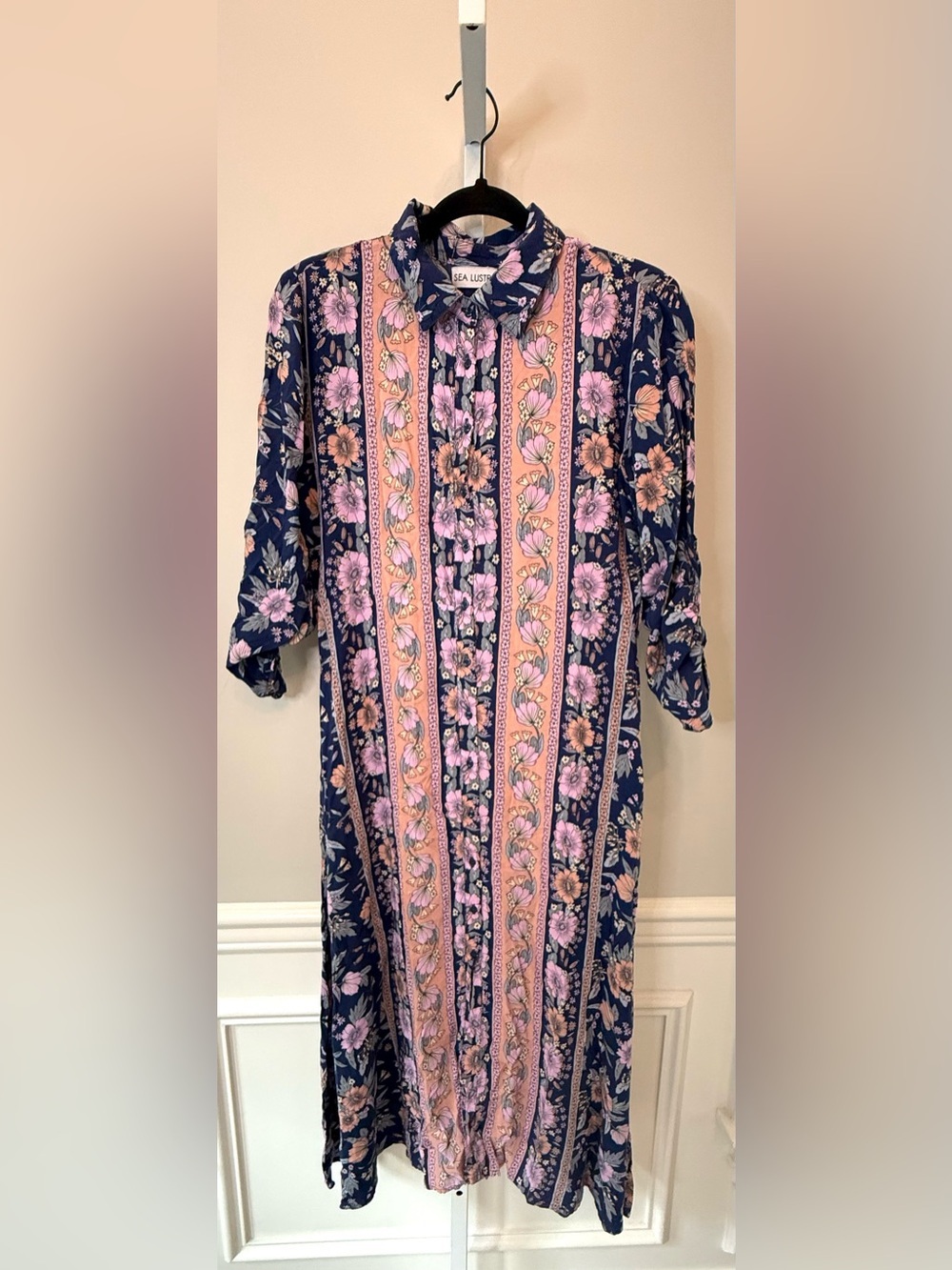 Sea Lustre Navy Floral Stripe Button Front Midi Dress Boho Long Sleeve Size S/M